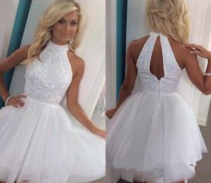 2019 Graduation Dresses with High Collar Beaded Sexy Back Homecoming Party Gowns Sleeveless Tulle A Line Dress6217578