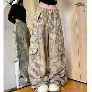 Kvinnors jeans vintage tvättade lastkamouflage jeans för kvinnor American Street Wasteland Style Trendy Straight Pants Baggy Wide Leg Pantsl2403