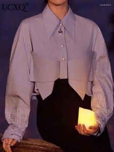Kadın bluzları UCXQ Zarif Moda Yay Polo Neck Studd Kısa Gömlek Korece Şık Mavisi Tüm Maç Uzun Kollu Bluz Kadınlar 2024 İlkbahar Yaz