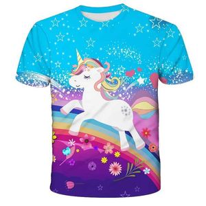 T-shirts Childrens Girls T-shirt Short sleeved Unicorn 3D Print Top Childrens Summer Sports Shirt 4-14 Year Old Girl Cute Unicorn Casual T-shirtL2404