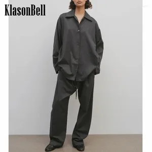 여자 2 피스 바지 3.21 Klasonbell 패션 간단한 옷깃 긴 소매 셔츠 또는 드로링 허리 스트레이트 캐주얼 한 색상 세트 여성