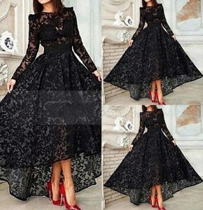 2016年ファッション新しい到着魅力的な長袖ラウンドネックジッパーアップアライン非対称ブラックレースイブニングドレス10006026174
