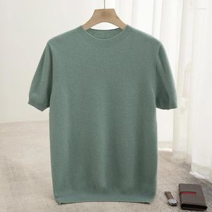 メンズセーター春夏半袖ピュアウールTシャツセーターOネックソリッドカラールーズプルオーバーニットカジュアルトップ