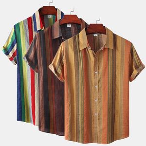 MENS Plus Size Cotton Polyester Summer Short Sleeve Shirt randig andningsbar Hawaiian Beach Male Shirts Casual Blus för män 240428