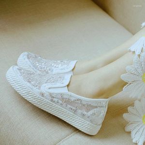 Casual Shoes Ladies Flat 2024 Spring/Summer Set Foot Fat Mesh Koronkowe oddychające płótno białe