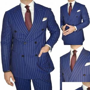 Męskie garnitury Blazery granatowe męskie garnitur 2 sztuki Blazer Spodnie podwójnie piersi szczytowe pinstripes Busin Modern Wedding Groom Co Dh4ol