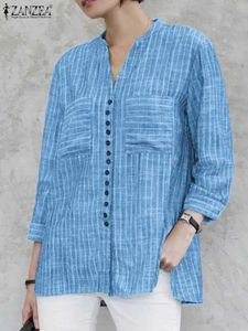Women's Blouses Shirts ZANZEA Fashion Stripe Printed Shirt Summer 3/4 Slve V-Neck Blouse Female Casual Blusas Mujer Woman Elegant Loose Korean Tops Y240426