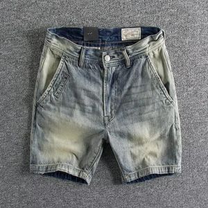 Sommarmens tvättade denim rak baggy denim shorts vintage arbete ungdomskvarter shorts jeans byxor för män 240428