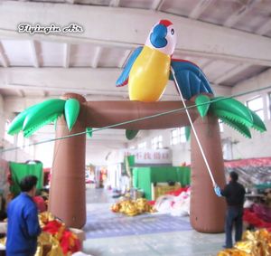 Partihandel Uppblåsbar palmträdbåge 4m 13ft bredd luftblåst valv med en papegoja fågel för djungel temapark dekoration