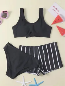 Women's Swimwear Girls Bikini Swimsuit 2024 Black Sling Bikinis Set Children Summer Boxer Shorts Three Beach Wear Bathing Suit Kids