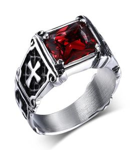 Cross Ruby red black zircon diamonds gemstones rings for men punk gothic stainless steel jewelry cool fashion accessories gift3058765