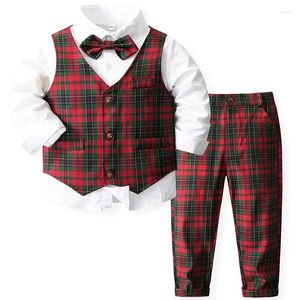 Conjuntos de roupas 4 peça outumn Toddler Boy Boy Korean Roupet Set Moda Gentleman Plaid Vest Baby Tops Pants Amarra Crianças Roupas BC1780