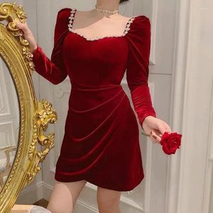 Casual Dresses Autumn / Winter 2024 Square Neck Dress With Diamond Long Sleeve Sexy Tight Package Hip Retro Red Velvet Slim Women's