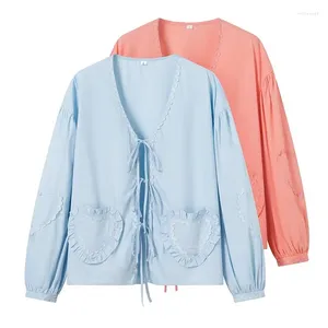 Blouses feminina Yenkye Sweathart Lace Up Shirt For Women Spring Summer Summer Manga longa Cardigan Blusa Feminina Elegant V Neck Chic Lady Street