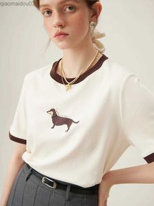 Camiseta feminina fsle 100% algodão puro contraste cor design feminino redonda camiseta animal impressão de animal de verão feminino camiseta solta 24fs12185l24029