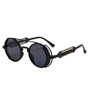 Óculos de sol Novo PC Womens Hollow Round Frame Retro Mens Double Bridge Punk Sun Glasses