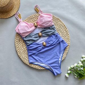 Women's Swimwear Vintage Bandeau One Piece Swimsuit Women Metal Button Cut Out Pleate Skirt Set 2024 Summer Pink Patchwork Bathing Suit