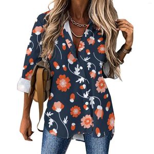 Blusas femininas vermelhas margaridas vermelhas blusa casual manga longa flores retrô impressão mulheres modernas camisetas de grandes dimensões de grandes dimensões