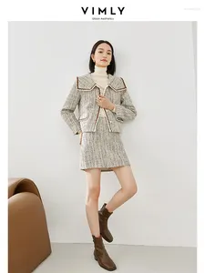ワークドレスVimly Elegant Wool Blend Tweed Tweed Set Lapelシングル胸部トリミングジャケットA-line Mini Skirt 2024秋の太いマッチセット