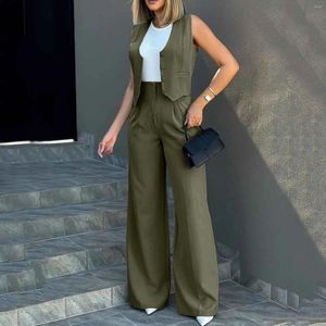 Women's Two Piece Pants Womens Elegant Solid Color Suit Vest Tank Cardigan Pockets Tops Wide Leg Seasonal Attire