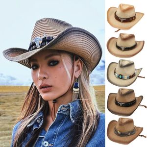 Retro Wild Straw Cowboy Hat Bull Shaped Decor Panama Hats For Men Travel Knight Country Hat Bohemian Women Beach Sunscreen Hat 240428