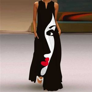 Vestidos casuais básicos Lady Summer Summer Long Womens Dress Black Sleveless Face Print Elegant Party Vestres para mulheres 2023 Vestido de praia casual Mulheres Y240429