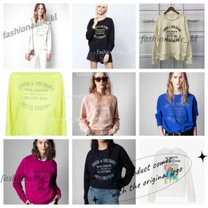 Zadig Voltaire Women'sパーカースウェットシャツZVクラシックレター刺繍ラグランスリーブシルバーグロスラウンドネックセーター937