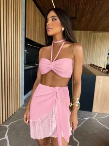 Frauen Badebekleidung Bandage Bandage Bandau Top Set Kleid Kleid Neckholder Brustpolster Minirock Tassels Sexy Bikini 2024 Holiday Beach Outing