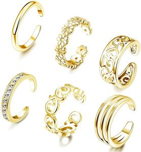 6st Summer Beach Foot Jewelry Open Toe Rings for Women Justerbar Midi Finger Toe Band Ring Set Gifts White CZ 240426