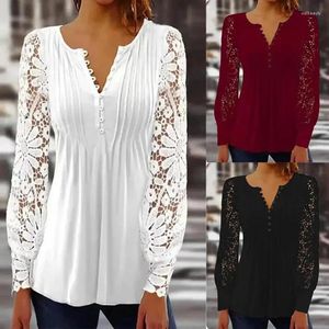 Women's T Shirts Flower Lace Long Sleeve Women Cropped T-shirt Sexy V Neck Hollow Out Button Tops Elegant Casual Loose Patchwork Clothes