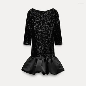 Casual Dresses Women's Sequin Fluffy Skirt Black Backless Dress Wide Neck Elegant Short Spring Sparkling Party Vintage