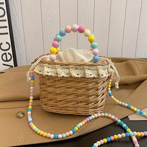 Drawstring Summer Lace Colored Beading Fashion Niche Woven Bucket Women's Bag 2024 Trend Shoulder Crossbody