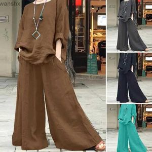 Women's Two Piece Pants 2024 Cotton Linen Two Piece Womens Spring Elegant Loose Long sleeved Polo Neck Shirt+Pants Womens SetL240429