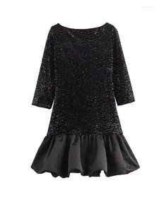 Casual Dresses Women Black Sequined Velvet Dress Spliced Satin Mini Backless