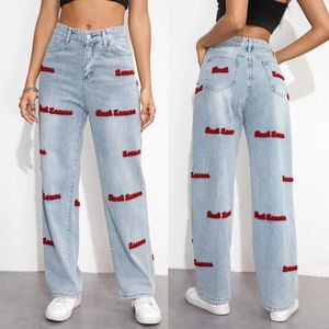 Kvinnors jeans 2024 sommar mode lösa byxor röda bokstäver denim hög midja raka byxor överdimensionerade