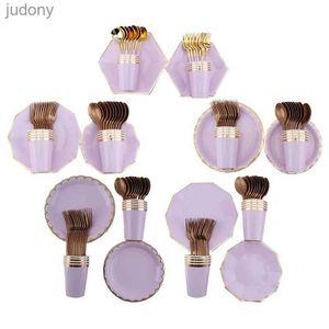 Disposable Plastic Tableware Wedding Birthday Girl Purple Disposable Tableware Set Table Decoration Board Cup Knife Spoon Table Cloth Baby Shower Party WX