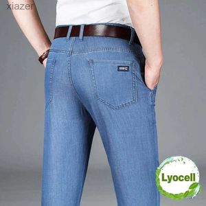 Men's Jeans Lyocell Mens Straight Jeans Summer Thin Fashion Light Blue Loose Business Trousers Male Clothes Cotton Denim PantsWX