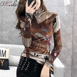 Women's T-Shirt Cotton T-shirt printed womens casual turtle neck long sleeved spring vintage fashionable elastic T-shirt S-4XL T03815BWX