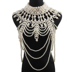 Retro advanced Pearls Crystal Body Jewelry Chain Sexyhandmade beaded Women Bridal wedding dress large necklace jewelry Accessor2852925