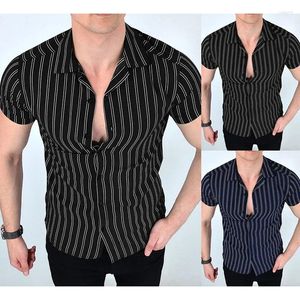 Mäns casual skjortor herr mode sommar dubbel randig kort ärm knapp social manlig affär hawaiana strand muskel smal fit trasa