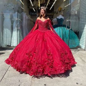 Röda quinceanera klänningar blommor älskling söt flickor prinsessan klänning vestidos de quinceanera 2022 estidos para 15 nera 0431