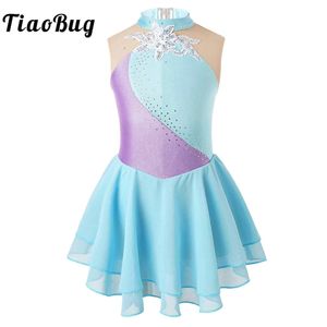 Kids Girls Sleeveless Figure Skating Dress Shiny Sequin Floral Sheer Mesh Tutu Ballet Gymnastics Dance Leotard Dress Costume 240426