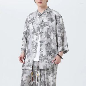 Camisas casuais masculinas camisa tradicional chinesa top plus tamanho 3/4 manga elegante tang jacquard gentleman homens
