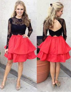 Two Pieces Black Lace Red Skirt Cute Homecoming Dresses Long Sleeve 2 Piece Prom Dresses Tiers Open Back Evening Party Dresses6404490