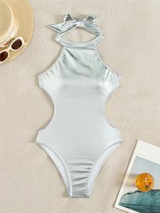 Moda de banho feminina Sexy Cut Out Pu Faux Leather Monokini Monokini One Piece Mulheres Mulheres Mulheres High Bathing Suit Swim K5398