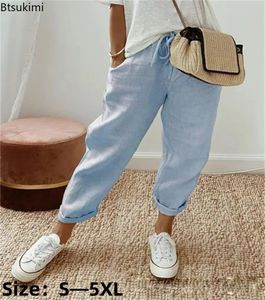 Damskie bawełniane spodnie lniane letnie luźne spodnie kobiety vintage kostki o szerokiej nogi modzie moda damskie dno 240428