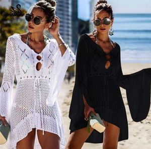 2019 Crochet White Knitted Beach Cover up dress Tunic Long Pareos Bikinis Cover ups Swim Cover up Robe Plage Beachwear Y2007063562037