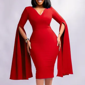 Casual Dresses Red Dress Cloak Sleeve High Waist Bodycon Solid Mid Calf Elegant For Evening Party Dinner Wedding Robe Vestidos 2024