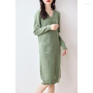 Casual Dresses 2024 Autumn/Winter Elegant Wool Skirt V-neck Mid Length Loose Knitted Dress Large Fit Pullover Versatile Bottom