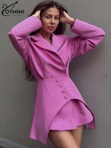 Oymimi Fashion Pink Two Piece Set per donne Elegante giù camicie a maniche lunghe del colletto e mini gonne a bottone in alto set 240426